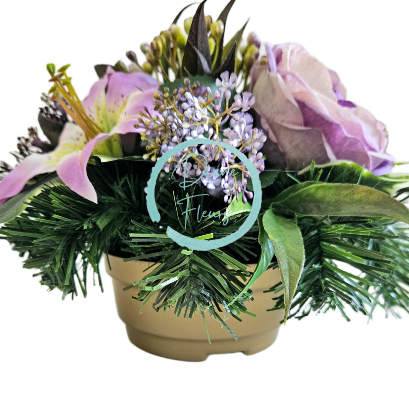 Aranjament decorativ din flori artificiale, bujori, crini și accesorii 30cm x 20cm AS1079
