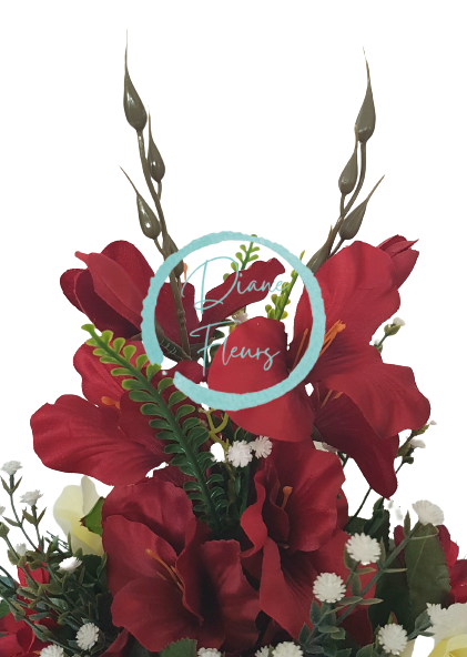 Траурна аранжировка от бетон, ексклузивна изкуствена роза, гладиолус и аксесоари 27см x 32см AS417