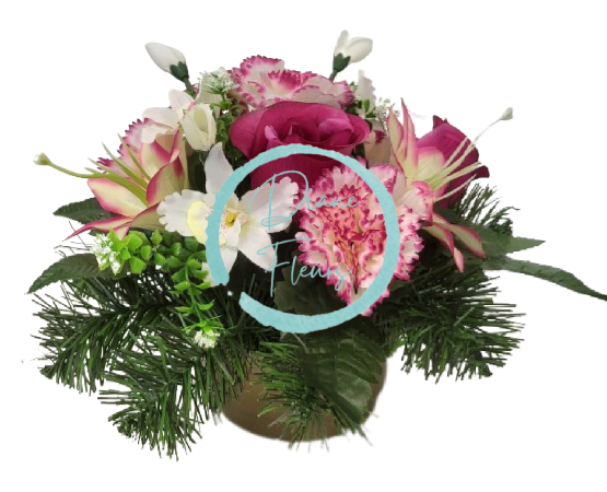 Smútočný aranžmán betonka umelé karafiáty, ruže, orchidey, ľalie a doplnky Ø 30cm x 20cm