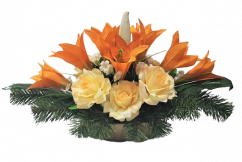 Arrangement Dekoration mit künstlichen Rosen und Lilien und Zubehör 45cm x 20cm x 18cm
