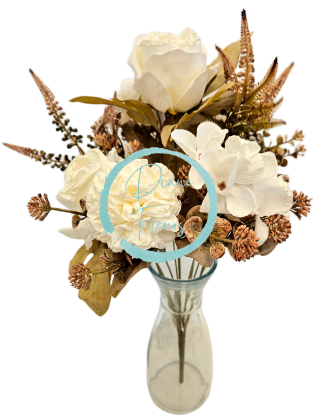 Изкуствен букет от рози, цинии и аксесоари 48 см кремав