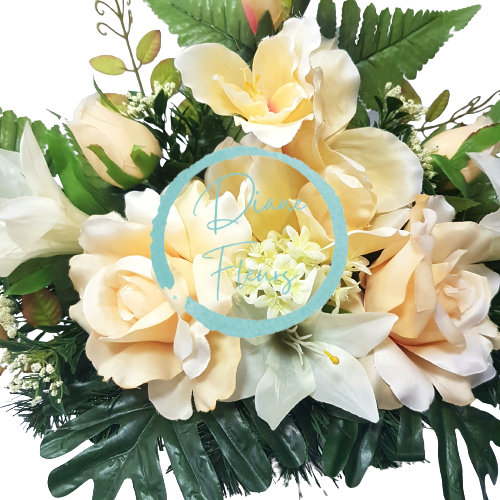 Изкуствен бетонен аранжировка от рози, гладиоли и аксесоари 45см x 35см x 22см AS180