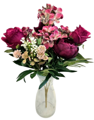 Peónia, Ruža & Hortenzia kytica 46cm umelá vínová
