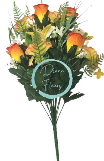 Trandafiri & Alstroemeria & Garoafe x18 Buchet portocaliu, galben 50cm flori artificiale