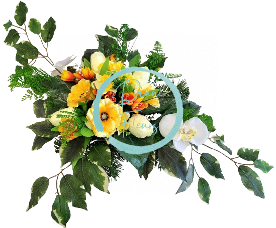Trauergesteck aus künstliche Tulpen, Anemonen, Orchideen und Zubehör 70cm x 48cm x 20cm