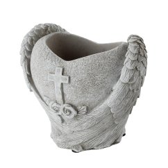 Dekoračný kameninový črepník srdce s anjelskými krídlami 17cm x 11cm x 15cm