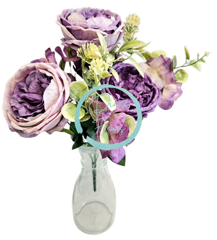 Изкуствен букет от божури, хортензии и аксесоари 42 см лилаво