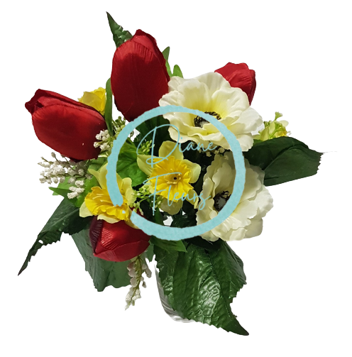 Artificial Bouquet Tulip & Narcissus & Anemone x10 30cm Red & Yellow & Cream