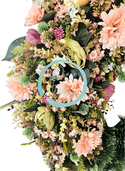 Luxusní smuteční věnec borovicový exclusive pivoňky, gerbery, rozchodník a doplňky 100cm AS1013