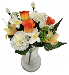 Kytice Růže, Karafiát, Lilie a Orchidej x13 33cm oranžová, krémová umělá