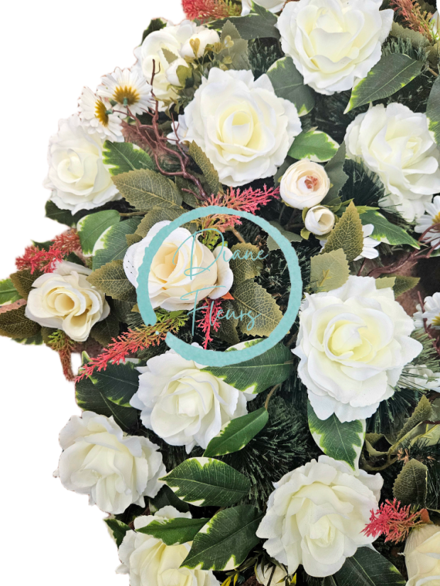 Luxury Artificial Pine Wreath Exclusive Roses, Ranunculus and Accessories 75cm