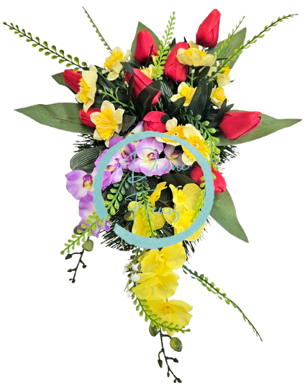 Composizione in cemento di tulipani artificiali, narcisi, orchidee e accessori 55 cm x 36 cm x 18 cm AS972