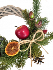 Karácsonyi fonott koszorú szárított gyümölcsökkel, alma és kiegészítőkkel díszítve Ø 20cm