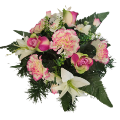 Aranjament pentru cimitir de garoafe artificiale, trandafiri, orhidee, crini și accesorii Ø 30cm x 20cm