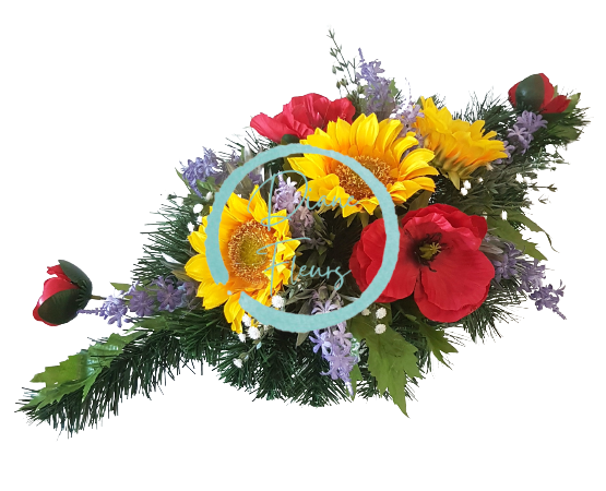 Smútočný aranžmán betonka exclusive umelé slnečnice, vlčí mak, levanduľa & doplnky 60cm x 30cm x 23cm