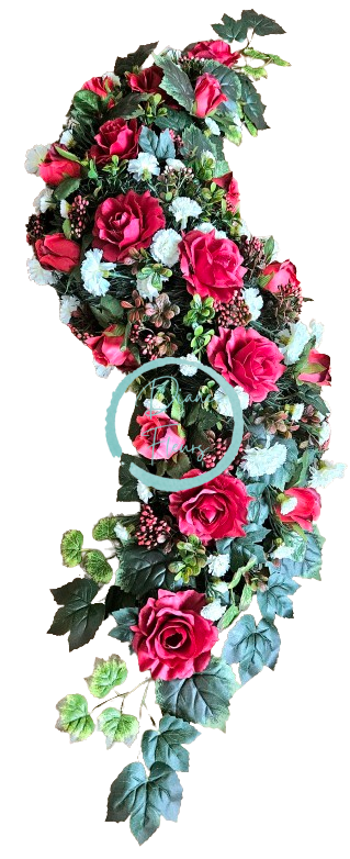 Smuteční věnec esíčko umělé růže, karafiáty a doplňky 130cm x 40cm AS1022