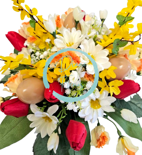 Aranžmán v plechovom kvetináči umelé tulipány, margaréty, zlatý dážď, veľkonočné vajíčka a doplnky Ø 43cm