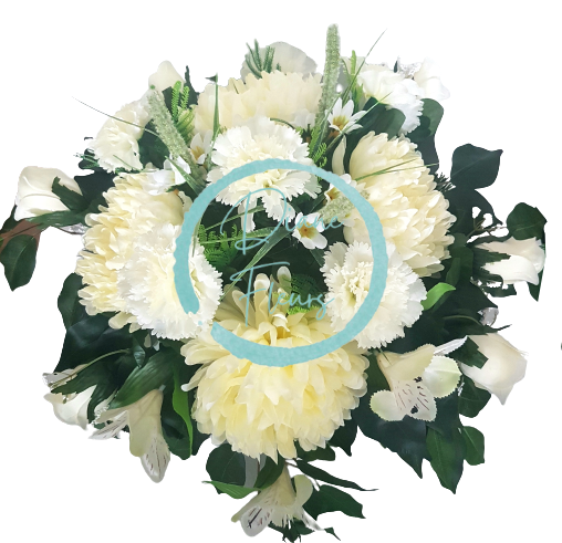 Kompozycja żałobna ekskluzywna sztuczna chryzantema, róża, goździk, alstremeria i akcesoria 45cm x 35cm