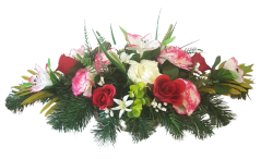 Luksusowa Kompozycja  pogrzebowa ekskluzywne sztuczne róże, goździki i akcesoria 60cm x 30cm x 25cm