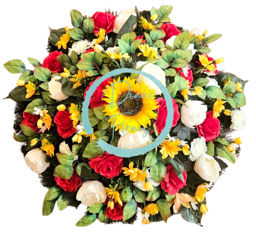 Luksuzen venec iz umetnega bora Ekskluzivne vrtnice, potonike, marjetice, sončnice in dodatki 70cm