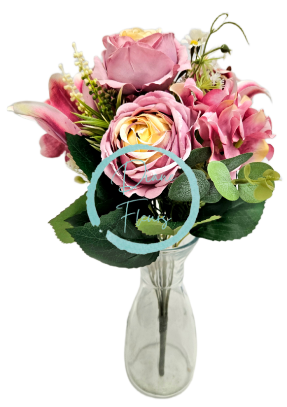 Mazzo artificiale di peonie, gigli, ortensie e accessori 46 cm rosa
