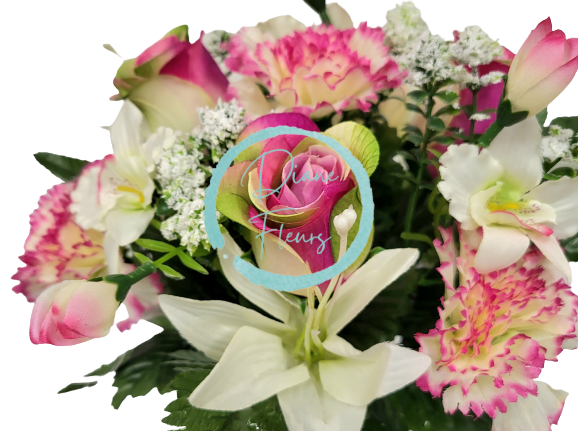 Buchet de trandafiri, garoafe, crini si orhidee x13 33cm burgundia, verde, crem flori artificiale