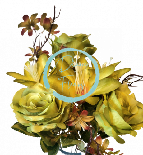 Růže, Kopretiny a Lilie kytice x7 zelená 44cm umělá