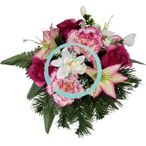 Smútočný aranžmán betonka umelé karafiáty, ruže, orchidey, ľalie a doplnky Ø 30cm x 20cm