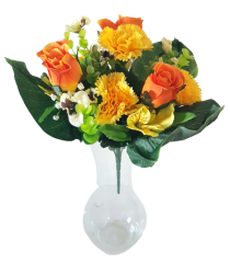 Karafiát, Růže a Alstromerie kytice x13 35cm oranžová a žlutá umělá
