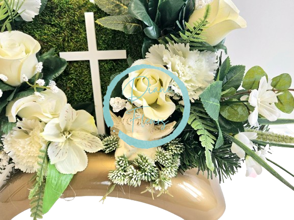 Sympathy arrangement made of artificial Roses, Lilies, Mossy wreath, Angel and Accessories 46cm x 20cm x 28cm