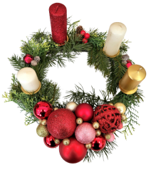 Božićni adventski vijenac od pruća sa svijećama, božićnim kuglicama i dodacima 30cm x 17cm