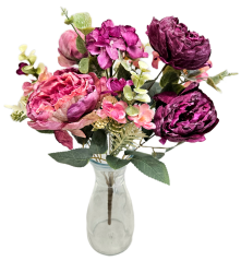 Buchet artificial de bujori, hortensie si accesorii 42cm violet