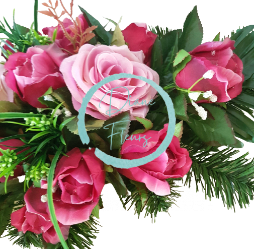 Piękna kompozycja pogrzebowa owe sztuczne róże i dodatki 53cm x 27cm x 23cm różowy, bordowy