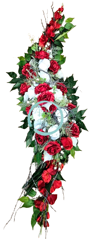 Smútočný veniec esíčko umelé ruže, gladioly, listy poinsettie a doplnky 150cm x 40cm