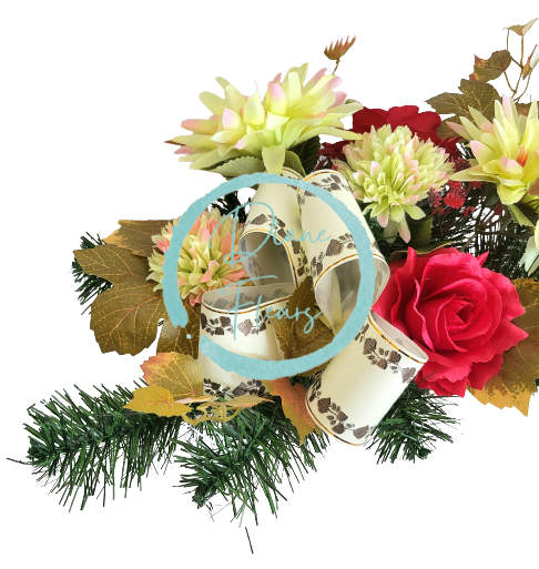 Žalobni aranžman umjetne krizanteme, ruže i dodaci 48cm x 28cm x 20cm