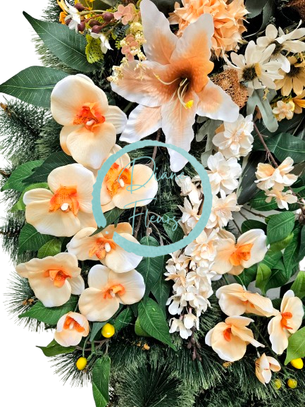 Ексклузивен погребален венец от бор с божури, лилии, маргаритки, хортензия, орхидеи и аксесоари 90 см AS894