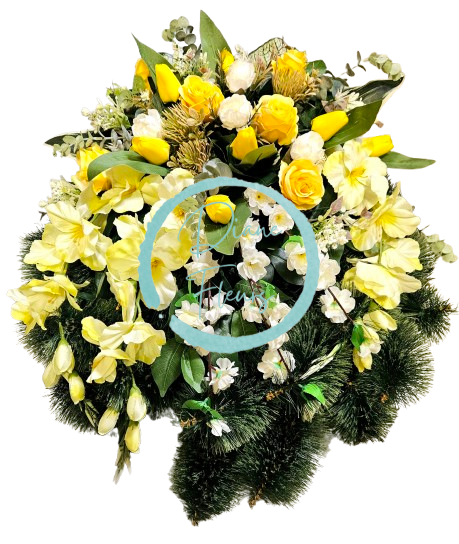 Luxusný smútočný veniec borovicový exclusive ruže, tulipány, gladioly, jabloňové kvety, bodliak a doplnky 70cm x 65cm