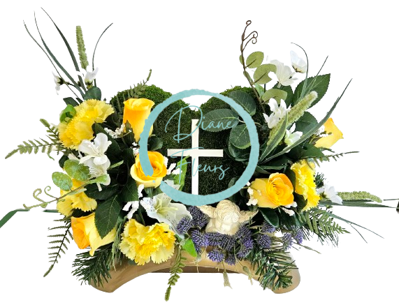 Sympathy arrangement made of artificial Roses, Carnations, Mossy wreath, Angel and Accessories 46cm x 20cm x 28cm