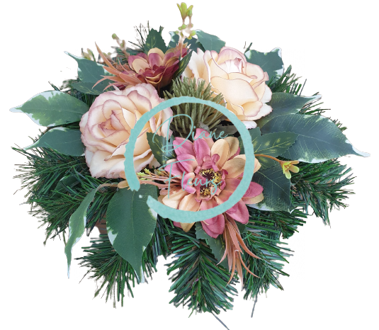 Kompozycjaowa sztuczne gerbery, róże i dodatki 23cm x 17cm