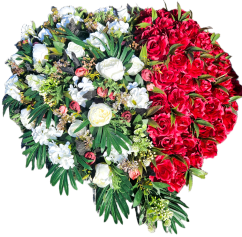 Coroană funerara artificială în formă de inimă din trandafiri, bujori, hortensii și accesorii 80cm x 80cm roz, roșu, crem, verde AS1083