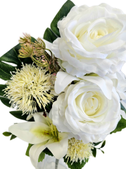 Buchet artificial exclusiv Trandafiri, Crini, Ciulin și accesorii x12 54cm x 30cm crem