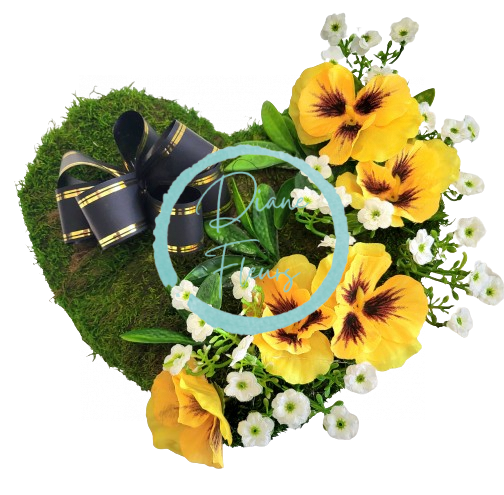 Decorative (sympathy) mossy wreath "Heart -shaped" pansies, kalanchoe & accessories 27cm x 23cm