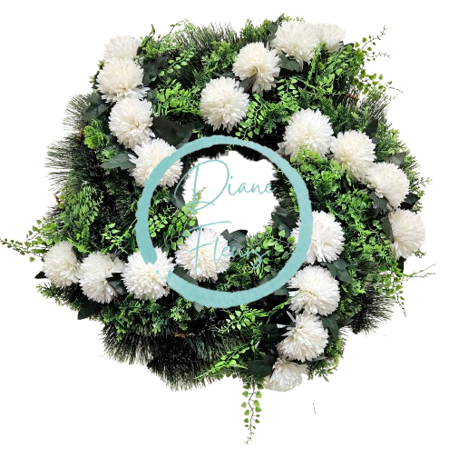 Luxusný smútočný veniec borovicový exclusive chryzantémy a doplnky 65cm