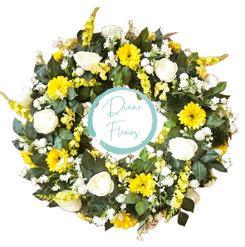 Luxusný smútočný veniec borovicový exclusive peonie pivonky, gerbery a doplnky Ø 90cm