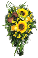 Sympathy arrangement made of artificial Sunflowers, Roses and Accessories 50cm x 28cm x 18cm