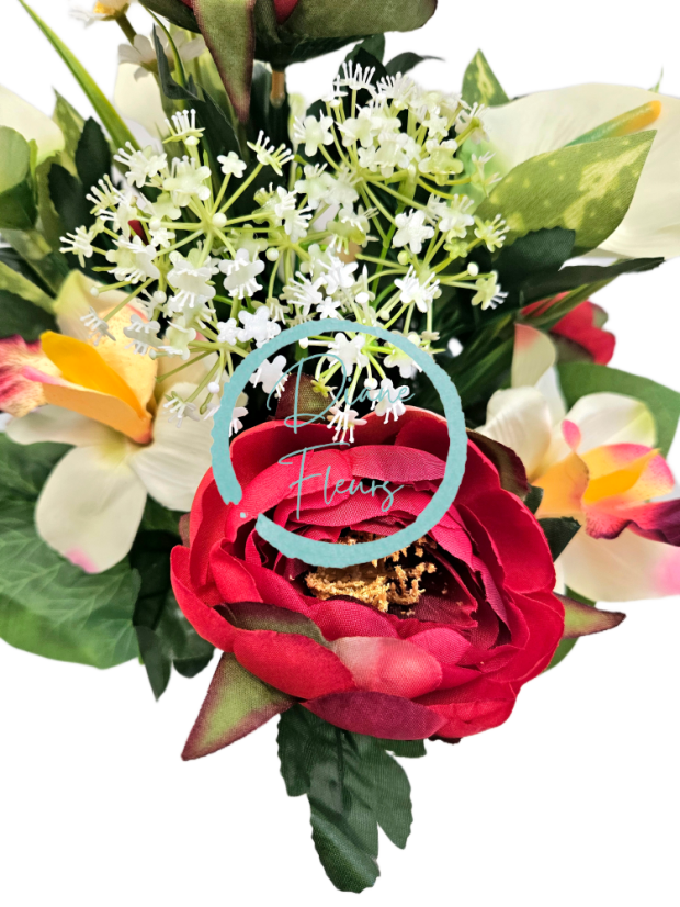 Mazzo artificiale di peonia, alstroemeria, calla e accessori 42 cm rosso