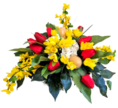 Aranžmán betonka umelé tulipány, zlatý dážď, fialky, veľkonočné vajíčka a doplnky 50cm x 40cm x 23cm