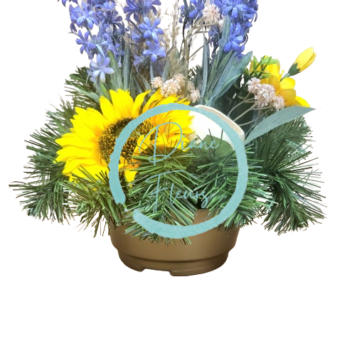 Smútočný aranžmán betonka umelá slnečnica, margarétka, levanduľa a doplnky 26cm x 22cm x 38cm