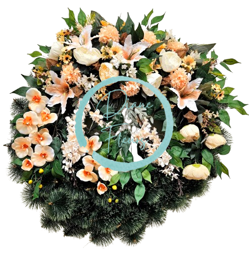 Luxusný smútočný veniec borovicový exclusive pivonky, ľalie, margaréty, hortenzie, orchidey a doplnky 90cm