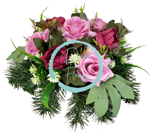Траурна аранжировка от бетон, изкуствени божури, рози и аксесоари 30см x 18см AS539